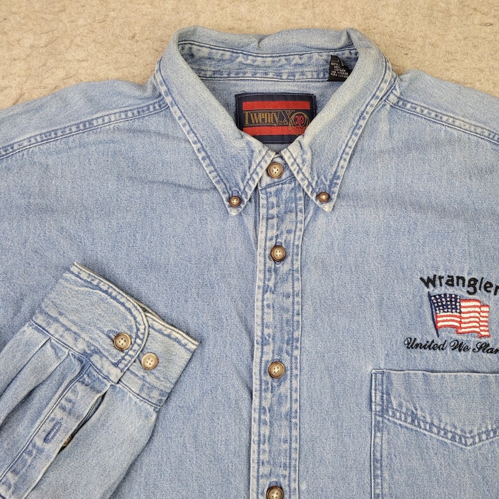 Vintage Wrangler 20X Denim Shirt Mens XL Blue Button Down Cowboy USA Long Sleeve
